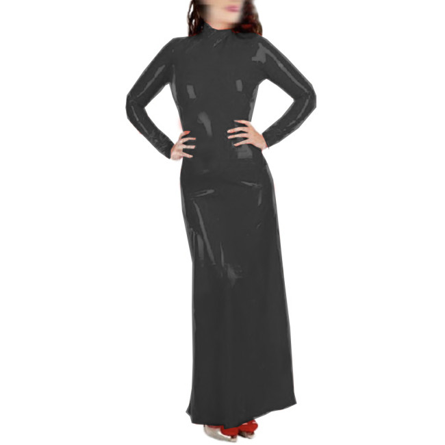 Vintage Glossy PVC Leather Long Dress Women Long Sleeve High Neck Bodycon Dress Back Zip Ladies Party Stretchy Dress Clubweat