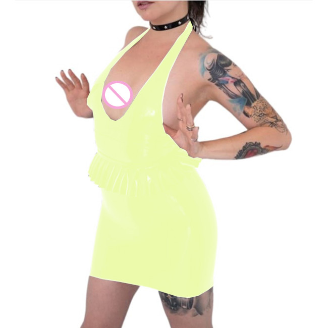 Sexy Deep U Halter Backless Ruffles Slim Waist Dress Sheath Bodycon Wraps Pacakge Hip Mini Dress Pole Dance Clubweat Night Party