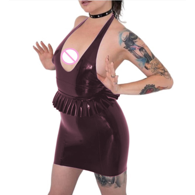 Sexy Deep U Halter Backless Ruffles Slim Waist Dress Sheath Bodycon Wraps Pacakge Hip Mini Dress Pole Dance Clubweat Night Party