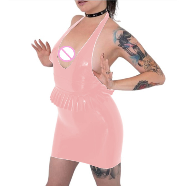 Sexy Deep U Halter Backless Ruffles Slim Waist Dress Sheath Bodycon Wraps Pacakge Hip Mini Dress Pole Dance Clubweat Night Party