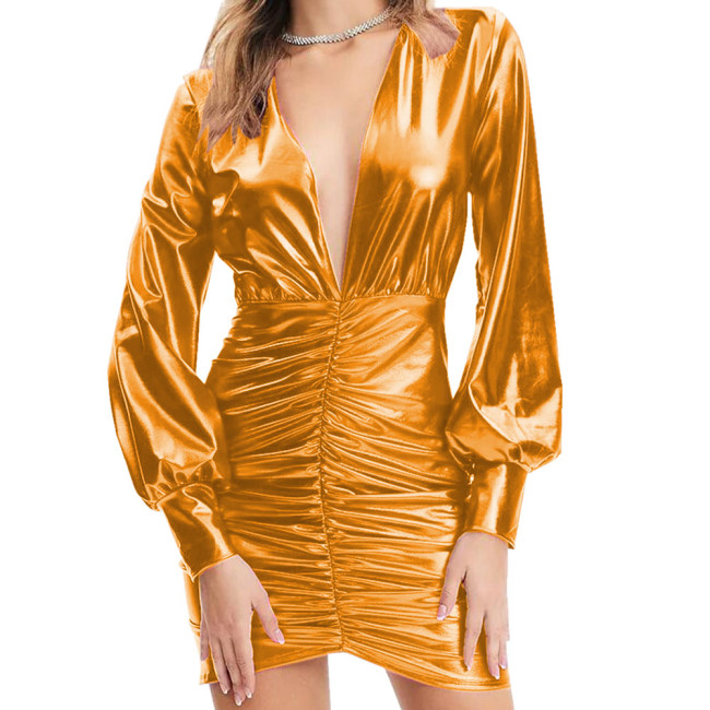 Sexy V Neck Solid Color Hot Stamping Mini Dress for Women Long Lantern Sleeve Draped Dress Shiny Metallic Nightclub Party Dress