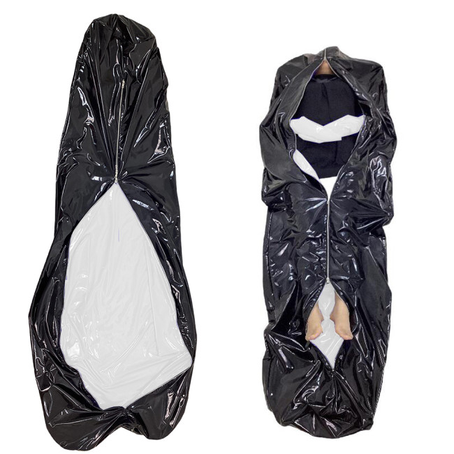 Gloosy Faux Latex Bondage Sack Bag With Gloves PVC Leather Catsuits Zip Two Side Bondage Bag Sleeping Bag Bodysuit Men Gay Wear