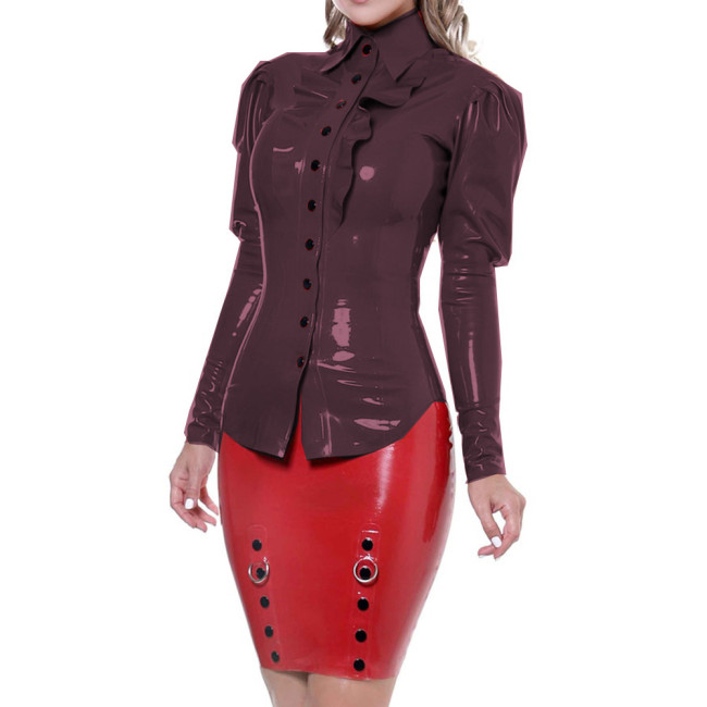 Full Buttons Ruffles Blouse for Women Lapel Collar Puff Sleeve Long Sleeve PVC Leather Top WetLook Glossy Shirts Office Lady 7XL