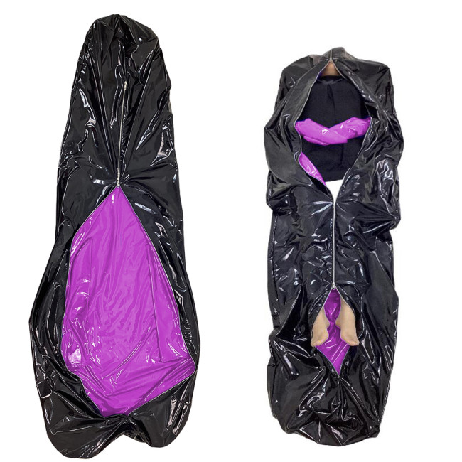 Gloosy Faux Latex Bondage Sack Bag With Gloves PVC Leather Catsuits Zip Two Side Bondage Bag Sleeping Bag Bodysuit Men Gay Wear