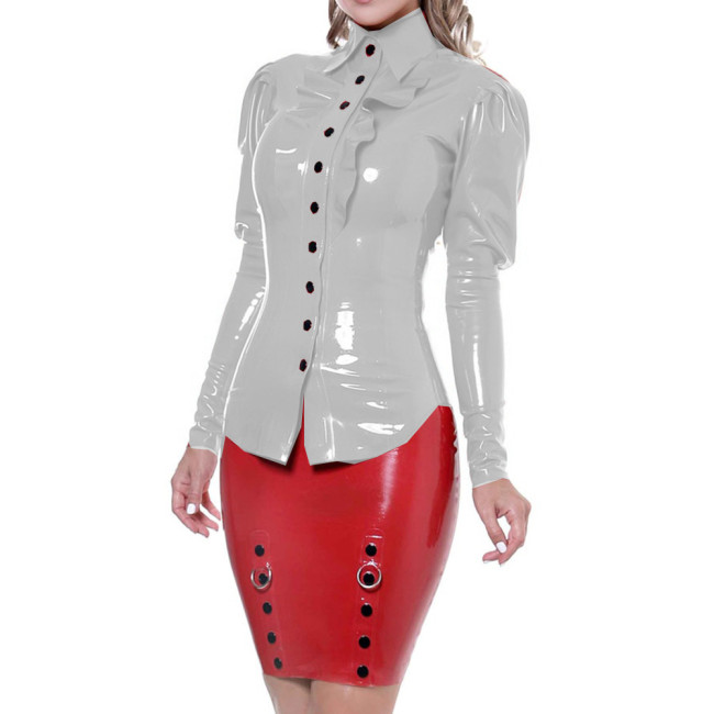Full Buttons Ruffles Blouse for Women Lapel Collar Puff Sleeve Long Sleeve PVC Leather Top WetLook Glossy Shirts Office Lady 7XL