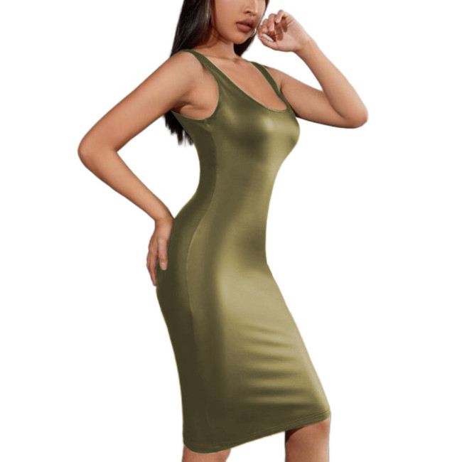 Women Tank  Midi Dress Sexy Summer Solid Color O-Neck Sleeveless Dress PU Patent Leather Casual Bodycon Dress Party Clubwear