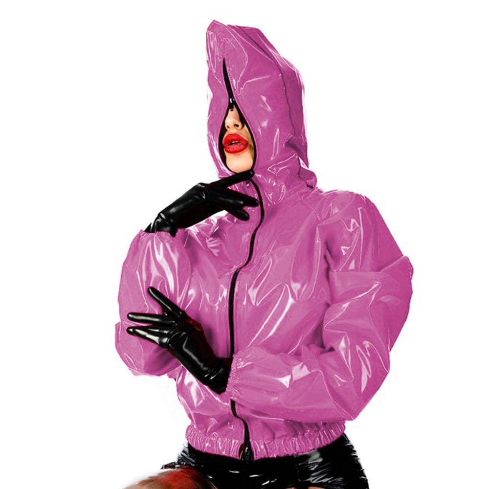 Sexy Gloosy PVC Hooded Long Slevees Jacket Coats Tops Front Full