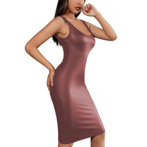 Women Tank  Midi Dress Sexy Summer Solid Color O-Neck Sleeveless Dress PU Patent Leather Casual Bodycon Dress Party Clubwear