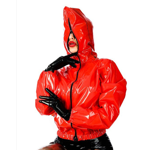 Sexy Gloosy PVC Hooded Long Slevees Jacket Coats Tops Front Full Zip Loose Tops Jackets for Women Hip Hop Club Punk Wear Fashion