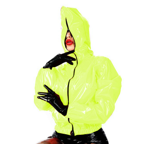 Sexy Gloosy PVC Hooded Long Slevees Jacket Coats Tops Front Full Zip Loose Tops Jackets for Women Hip Hop Club Punk Wear Fashion