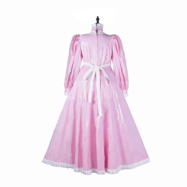 Exotic Lockable Lolita Long Maid Dress Puff Long Sleeve Ruffle Apron Flared Dress Sissy Maid Uniform Halloween Cosplay Costume