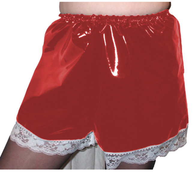 Sissy PVC High Waist Elastic Shorts Lace Edge Boxer Shorts Maid Costumes Cosplay Streetwear Women Gothic Casual Flare Pants 7XL