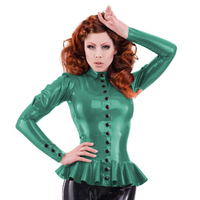 Gothic Gloosy Turn-down Collar Blouse Sheath Tops PVC Leather Shirt Slim Button Ruffles Hem Jackets for Women Club Office Lady