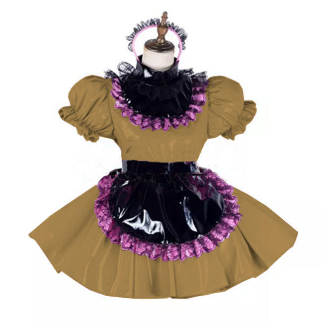 Glossy PVC Leather Lace Maid Dress High Neck Sissy Mini Dress with Black Apron Party Club Lockable Dresses Cosplay Costume 7XL