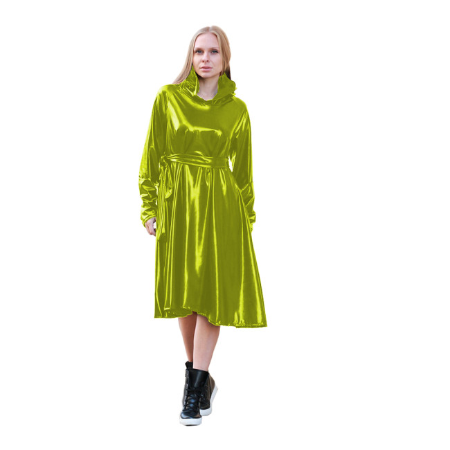 shiny metallic Hooded Loose Midi Dresse Women Fashion Long lantern Sleeve trench coat wet look hooded long dress Clothing Custom