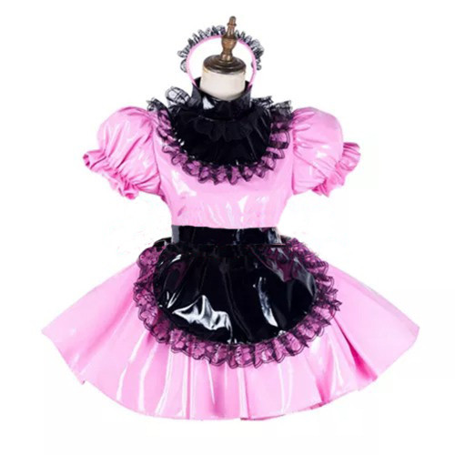 Glossy PVC Leather Lace Maid Dress High Neck Sissy Mini Dress with Black Apron Party Club Lockable Dresses Cosplay Costume 7XL