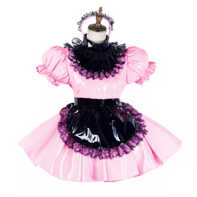 Glossy PVC Leather Lace Maid Dress High Neck Sissy Mini Dress with Black Apron Party Club Lockable Dresses Cosplay Costume 7XL