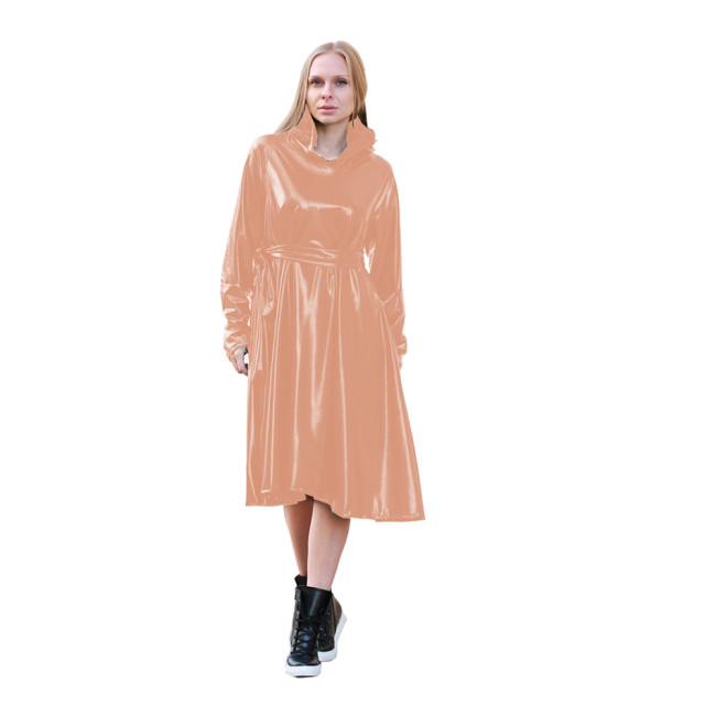 shiny metallic Hooded Loose Midi Dresse Women Fashion Long lantern Sleeve trench coat wet look hooded long dress Clothing Custom
