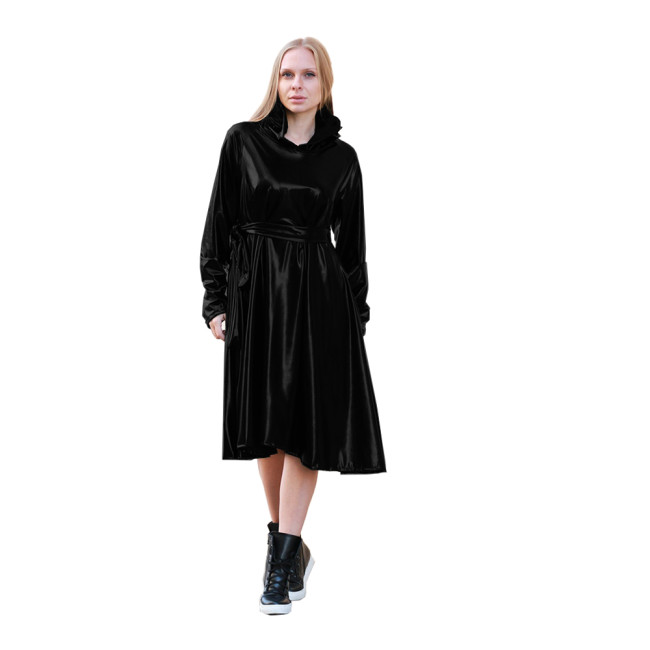 shiny metallic Hooded Loose Midi Dresse Women Fashion Long lantern Sleeve trench coat wet look hooded long dress Clothing Custom