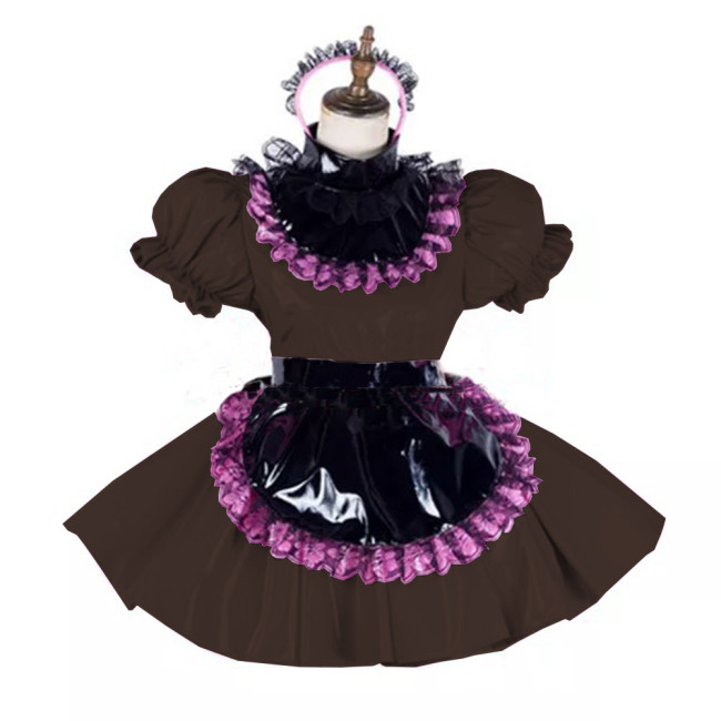 Glossy PVC Leather Lace Maid Dress High Neck Sissy Mini Dress with Black Apron Party Club Lockable Dresses Cosplay Costume 7XL