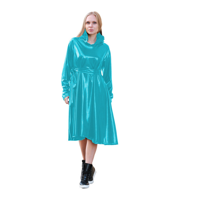 shiny metallic Hooded Loose Midi Dresse Women Fashion Long lantern Sleeve trench coat wet look hooded long dress Clothing Custom