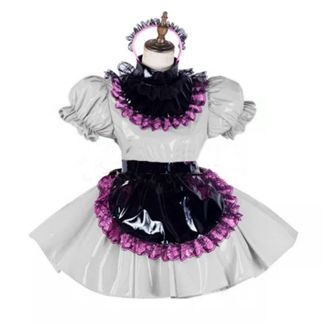 Glossy PVC Leather Lace Maid Dress High Neck Sissy Mini Dress with Black Apron Party Club Lockable Dresses Cosplay Costume 7XL