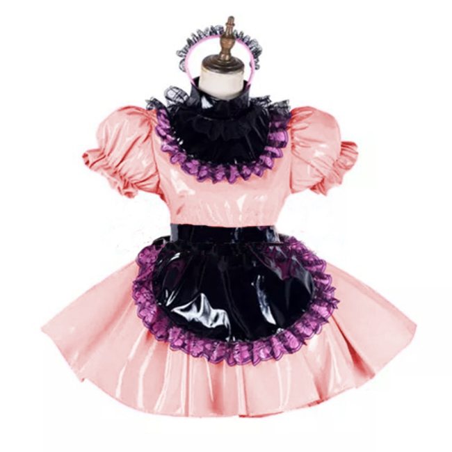 Glossy PVC Leather Lace Maid Dress High Neck Sissy Mini Dress with Black Apron Party Club Lockable Dresses Cosplay Costume 7XL