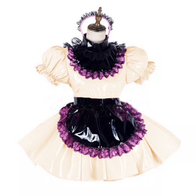 Glossy PVC Leather Lace Maid Dress High Neck Sissy Mini Dress with Black Apron Party Club Lockable Dresses Cosplay Costume 7XL