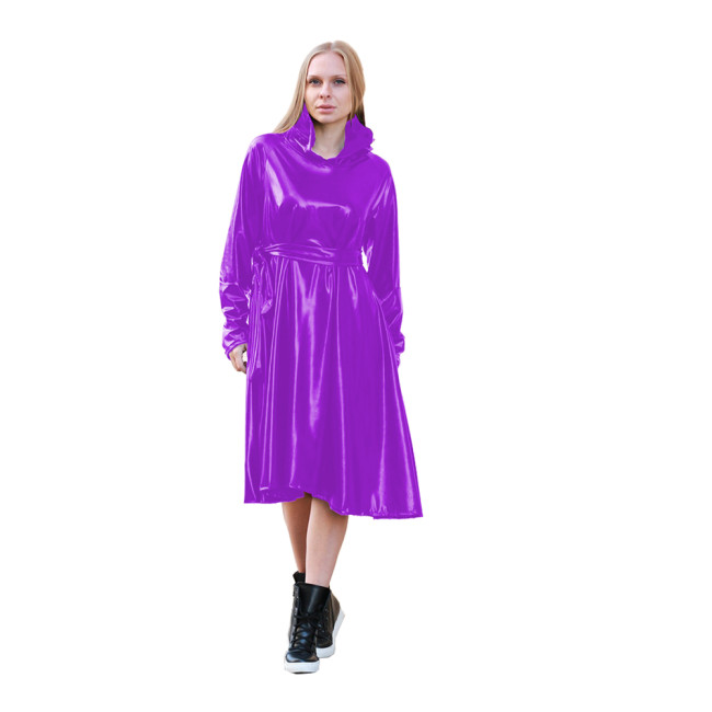 shiny metallic Hooded Loose Midi Dresse Women Fashion Long lantern Sleeve trench coat wet look hooded long dress Clothing Custom