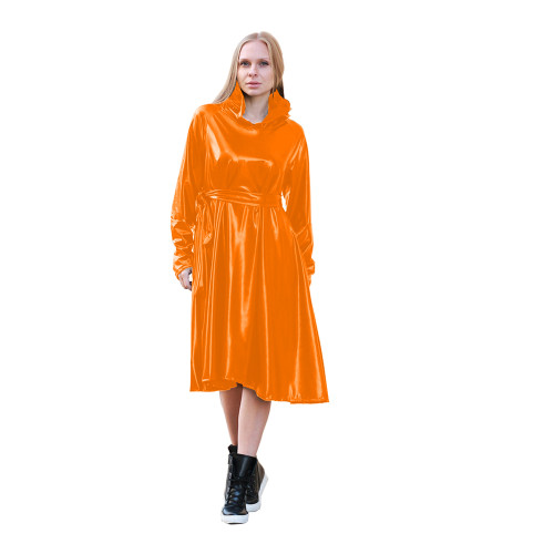 shiny metallic Hooded Loose Midi Dresse Women Fashion Long lantern Sleeve trench coat wet look hooded long dress Clothing Custom