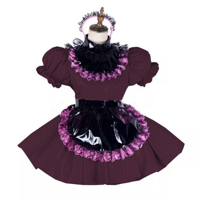 Glossy PVC Leather Lace Maid Dress High Neck Sissy Mini Dress with Black Apron Party Club Lockable Dresses Cosplay Costume 7XL