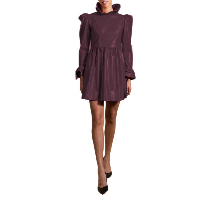 Wetlook Sweet PVC Leather Long Puff Sleeve Ruffles Frills Cuff Slim Sheath Mini Dress Pleated  A line Dress Club Party S-7XL
