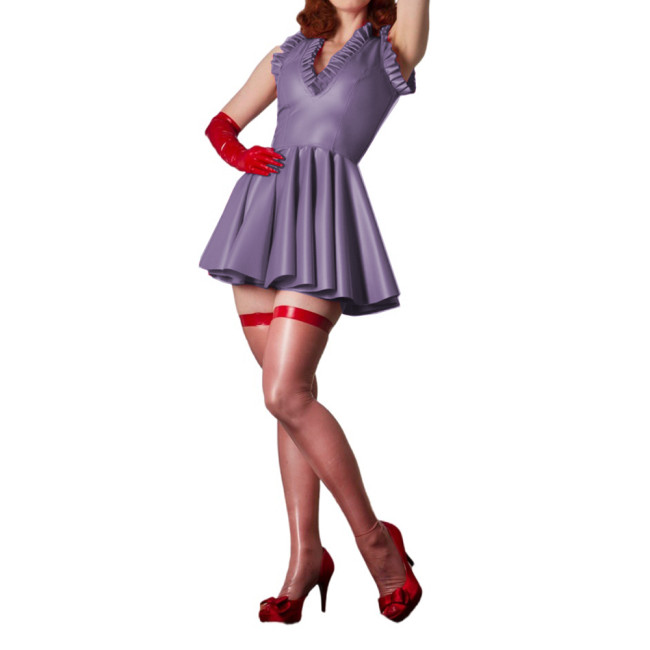 Women Sexy Wetlook PVC Mini Dress Ruffles Deep V Neck Shiny Sleeveless Pleated A Line Mini Dress Costume Dresses Party Club 7XL