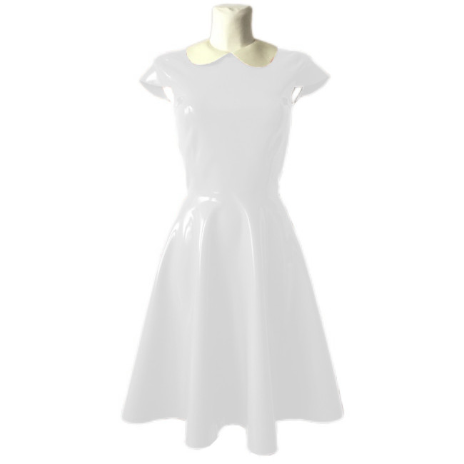 Women's Shiny PVC Peter Pan Collar Short Sleeve Party Swing Dress Glossy Leather Formal Prom Cocktail Evening Ball Gown Dress