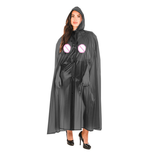 Sexy Front Button-up Perspective Long Cape See-through Windbreaker Hooded Cloak Clear PVC Leather Ponchos Erotic Lingerie Female