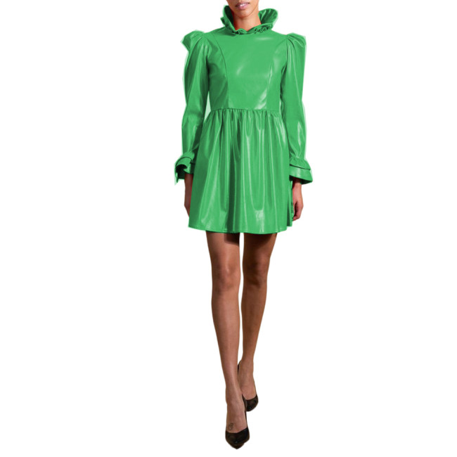 Wetlook Sweet PVC Leather Long Puff Sleeve Ruffles Frills Cuff Slim Sheath Mini Dress Pleated  A line Dress Club Party S-7XL