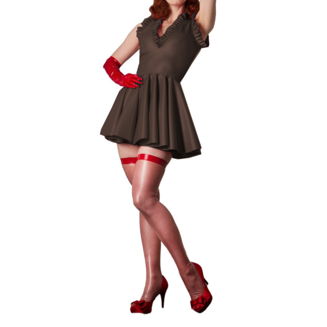 Women Sexy Wetlook PVC Mini Dress Ruffles Deep V Neck Shiny Sleeveless Pleated A Line Mini Dress Costume Dresses Party Club 7XL