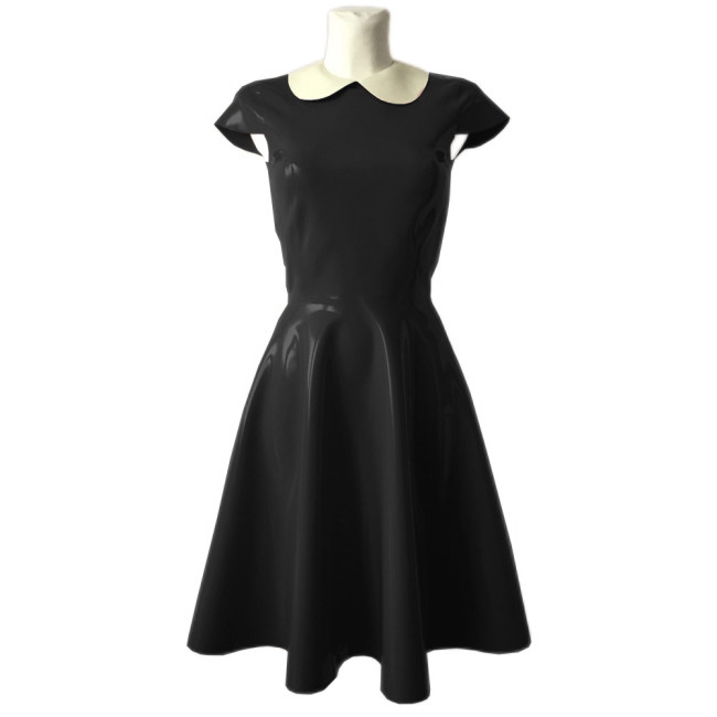 Women's Shiny PVC Peter Pan Collar Short Sleeve Party Swing Dress Glossy Leather Formal Prom Cocktail Evening Ball Gown Dress