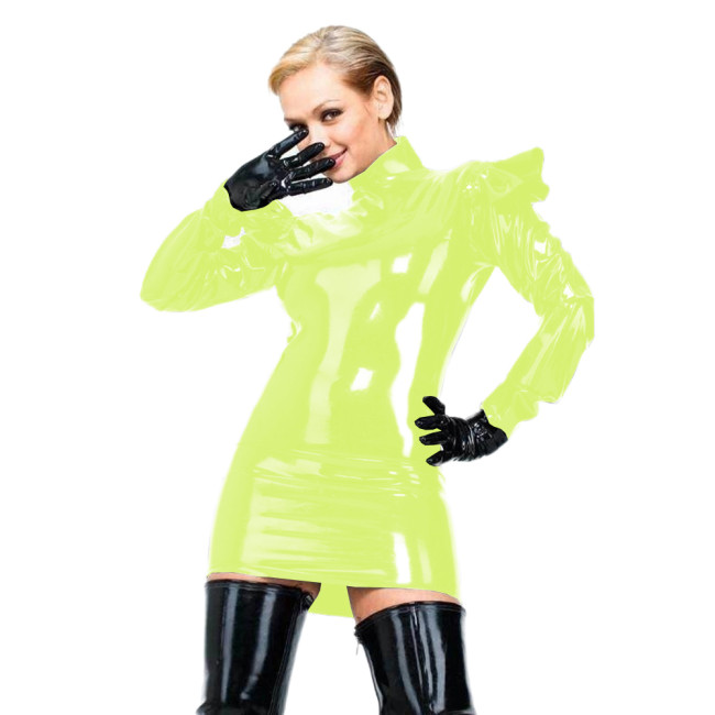 Women Latex Look Bodycon Dress Sexy Fetish PVC Dress Long Flying Sleeve Hot Mini Dress Clubwear Shiny Faux Leather Tight Dress