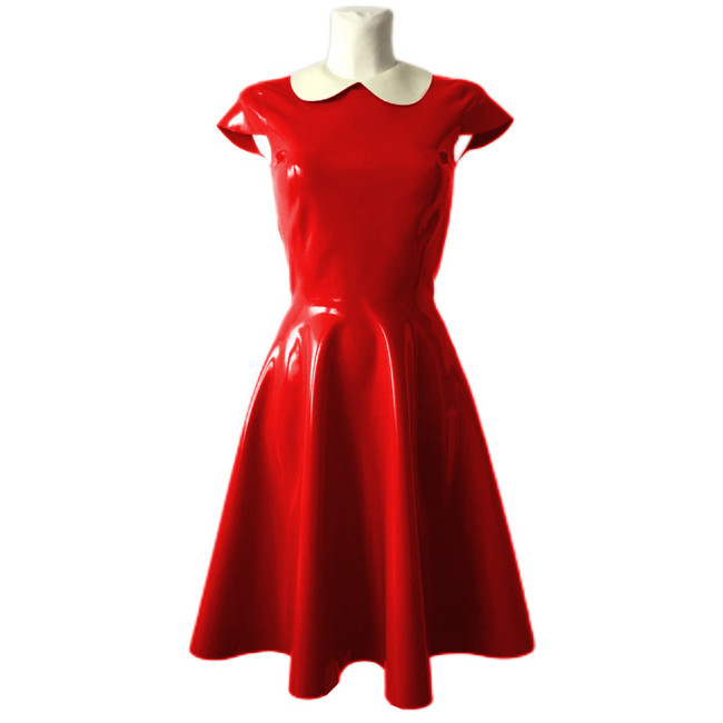 Women's Shiny PVC Peter Pan Collar Short Sleeve Party Swing Dress Glossy Leather Formal Prom Cocktail Evening Ball Gown Dress