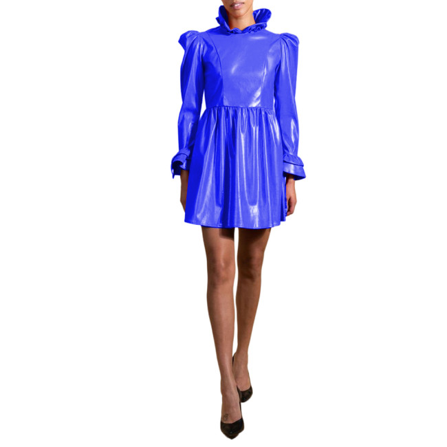 Wetlook Sweet PVC Leather Long Puff Sleeve Ruffles Frills Cuff Slim Sheath Mini Dress Pleated  A line Dress Club Party S-7XL