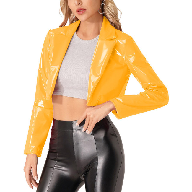 Womens Shiny PVC Moto Jackets Casual Fashion Turn-down Collar Long Sleeve Crop Coat Club Jacket Sexy Pole Dancing Tops Clubwear