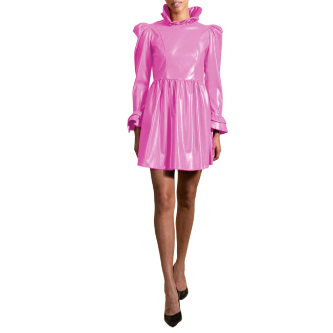 Wetlook Sweet PVC Leather Long Puff Sleeve Ruffles Frills Cuff Slim Sheath Mini Dress Pleated  A line Dress Club Party S-7XL