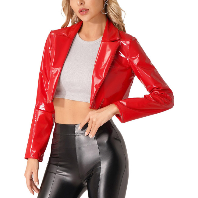 Womens Shiny PVC Moto Jackets Casual Fashion Turn-down Collar Long Sleeve Crop Coat Club Jacket Sexy Pole Dancing Tops Clubwear