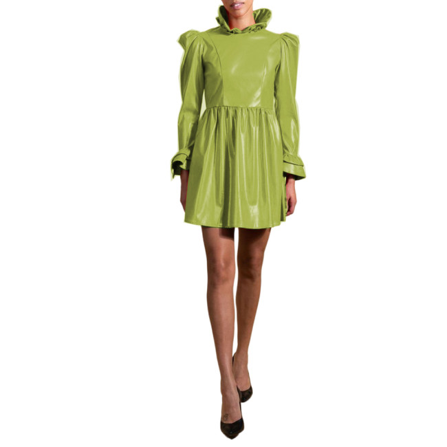 Wetlook Sweet PVC Leather Long Puff Sleeve Ruffles Frills Cuff Slim Sheath Mini Dress Pleated  A line Dress Club Party S-7XL