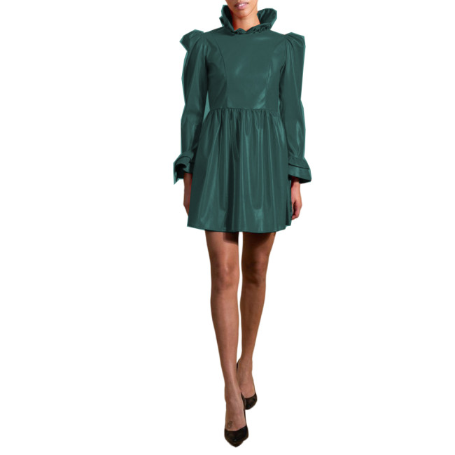 Wetlook Sweet PVC Leather Long Puff Sleeve Ruffles Frills Cuff Slim Sheath Mini Dress Pleated  A line Dress Club Party S-7XL