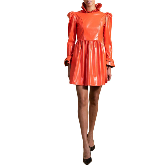 Wetlook Sweet PVC Leather Long Puff Sleeve Ruffles Frills Cuff Slim Sheath Mini Dress Pleated  A line Dress Club Party S-7XL