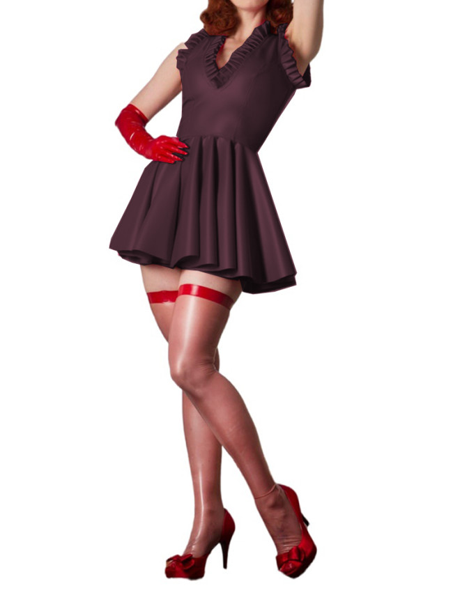 Women Sexy Wetlook PVC Mini Dress Ruffles Deep V Neck Shiny Sleeveless Pleated A Line Mini Dress Costume Dresses Party Club 7XL