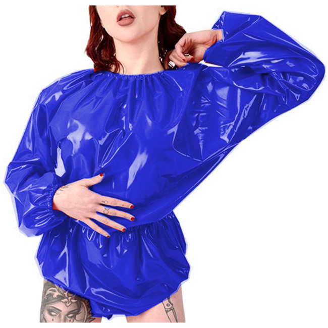 One-Piece Short Playsuits Sexy PVC Round Neck Elastic Waist Loose Long Sleeve Bodysuit Lingerie Sexy Adult Female Fantasy S-7XL