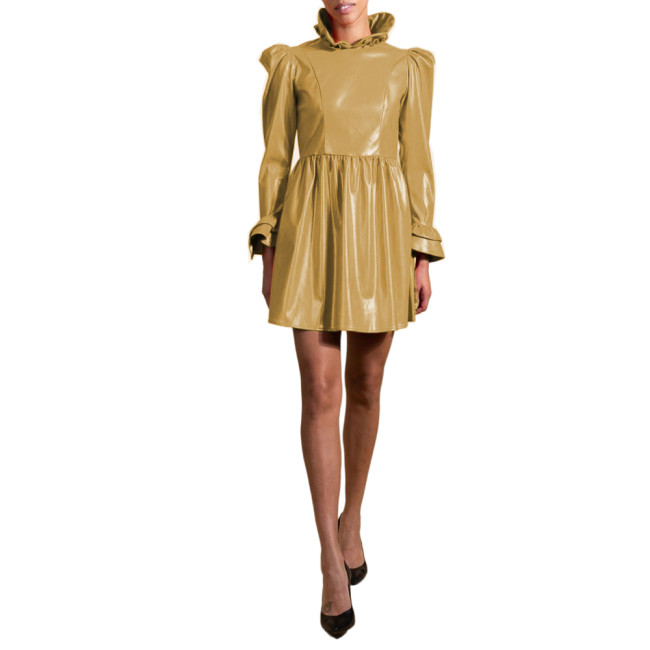 Wetlook Sweet PVC Leather Long Puff Sleeve Ruffles Frills Cuff Slim Sheath Mini Dress Pleated  A line Dress Club Party S-7XL